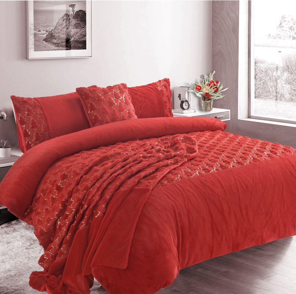 BLOOM BLENDS NEW Cosy Christmas Tree Teddy Fleece Bedding Set – Duvet Covers, Blankets & Matching Cushion Covers Available| Festive Green, Red & White | Ultra-Soft 100% Polyester (Red, King)