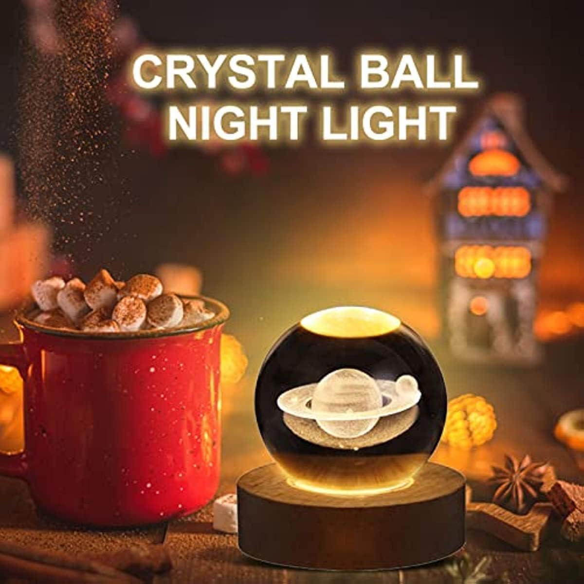 6cm Kryształowa Kula Lampka Nocna, świetlista Planeta Galaxy Kryształowa Kula Lampka Nocna Zasilana Przez Usb, Drewniana Podstawa, B