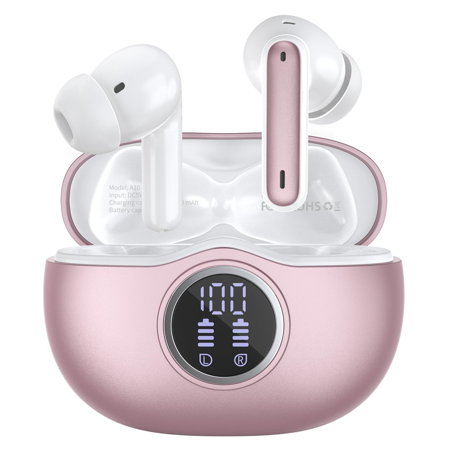 Bluetooth Headphones, Bluetooth 5.3 Stereo Headphones, 50 Hours Playback with LED Display, Headset with 4 Microphones, Waterproof IP7 for Sports, Rose Gold