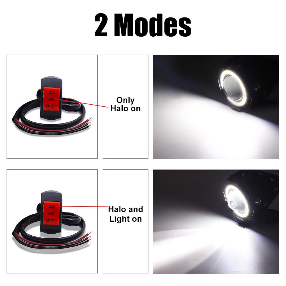 YnGia Motorcycle Front Spotlights Led Foglights with White Halo, 2PCS Motorcycle Daytime Running Lights with 3 Wires Switch ON/ON/OFF, U7 Waterproof Motorbike Motorcycle Auxiliary foglights 12V 24V