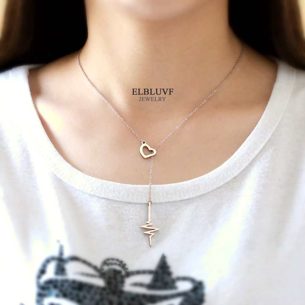 Collar Lariat Y de acero inoxidable de 18 quilates con corazón y corazón, Acero inoxidable 6