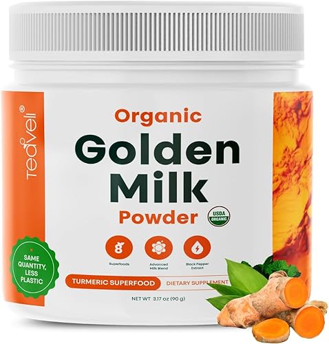 Leche Dorada orgánica en polvo (Leche Dorada organica) con cúrcuma, jengibre, curcumina, canela, KSM66 Ashwagandha, Tulsi y prebióticos naturales -