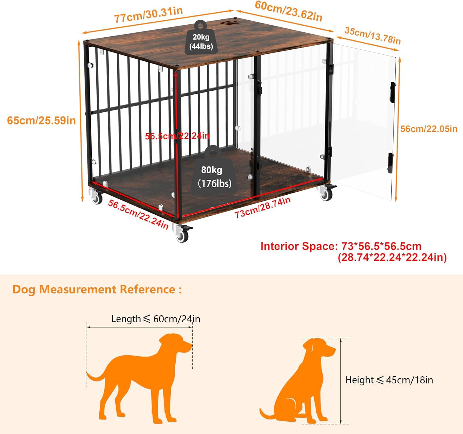 Bingopaw Jaula para Perros Mediano Mueble 77x60x65cm Jaula Perros Transparente de Vidrio Templado Resistente a Las Mordidas y Duradera con Hierro Fuerte Anticorrosivo y Superficie de Mesa