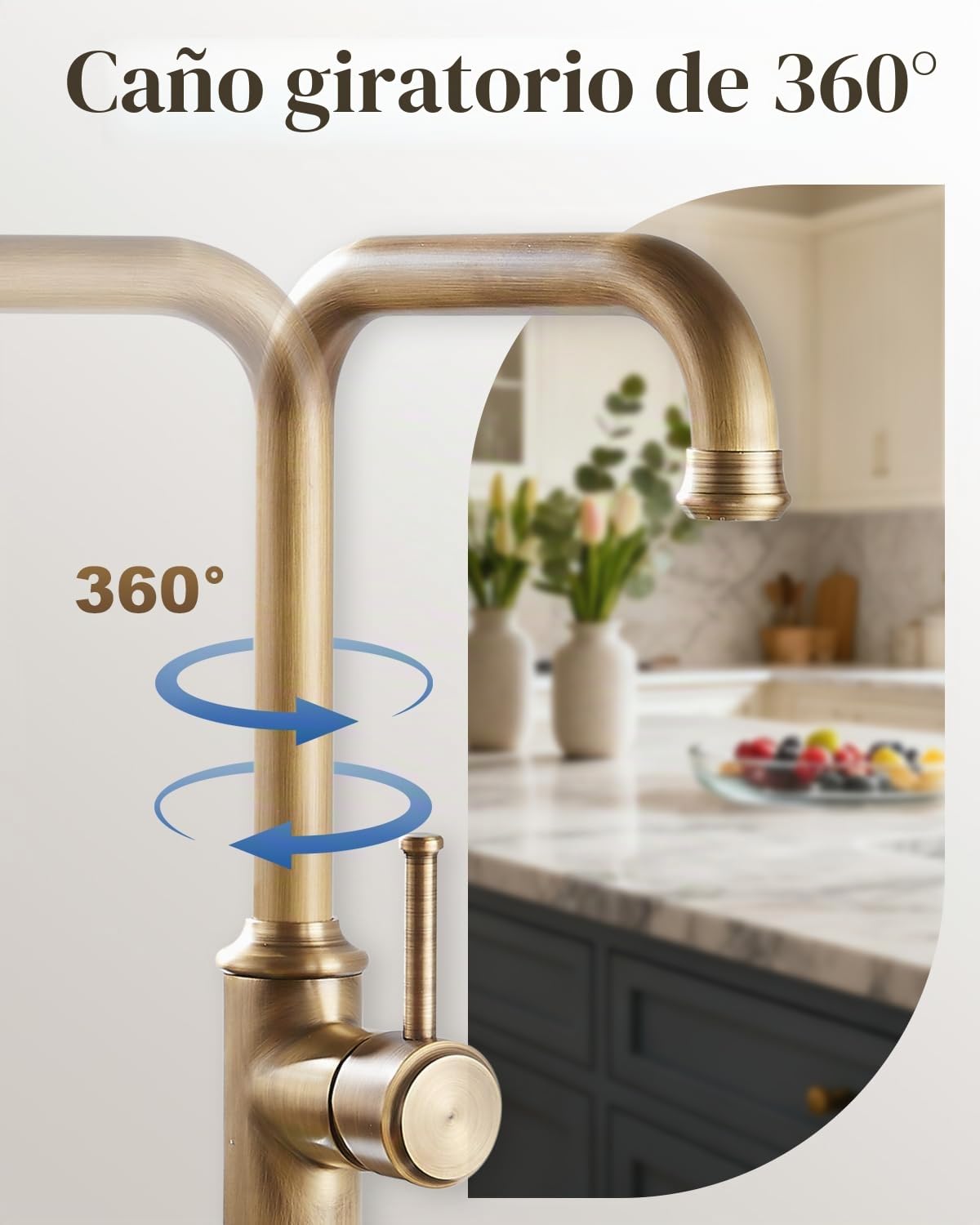 Grifo de cocina, grifo de cocina, con pico alto giratorio de 360 °, latón antiguo