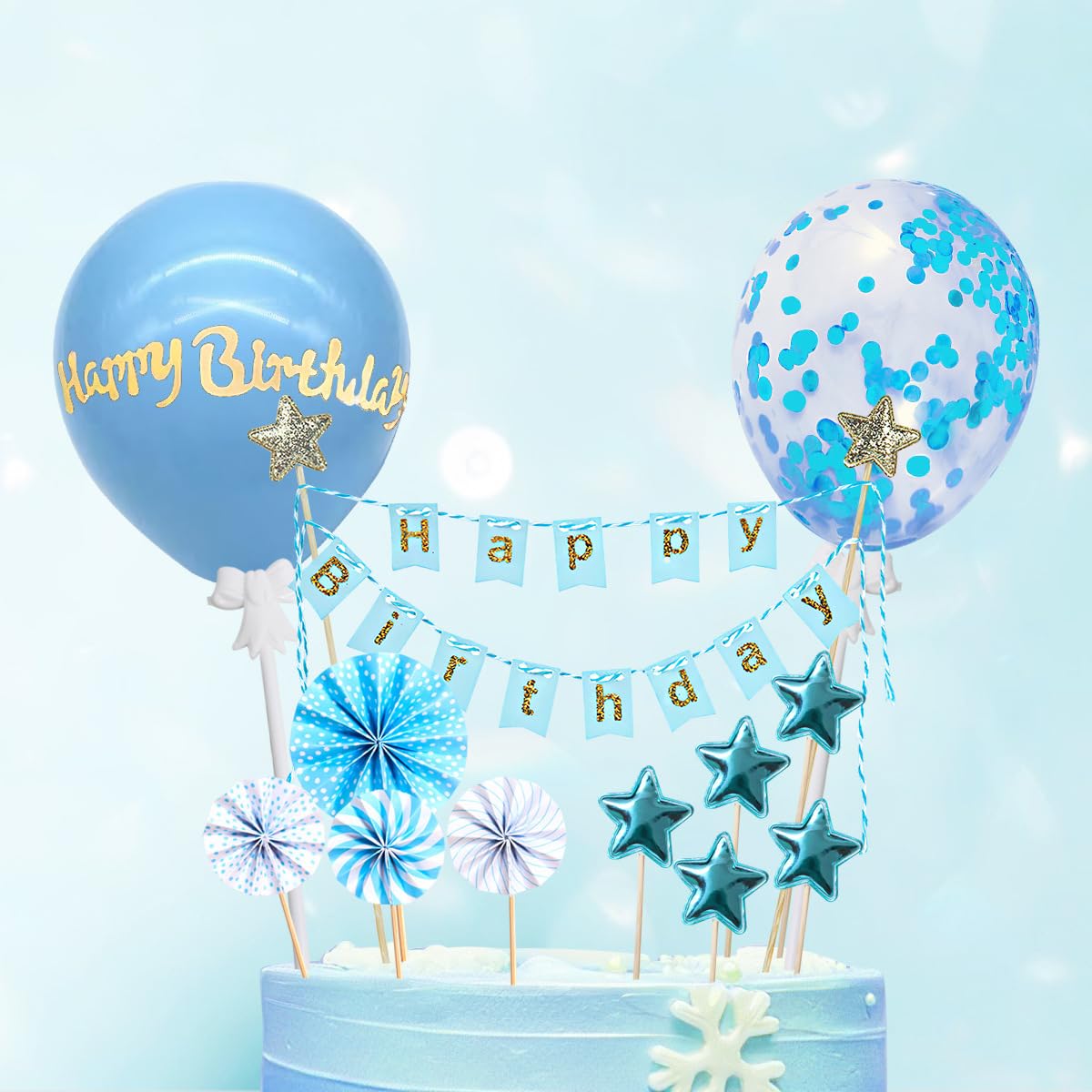 Zestaw ozdób na tort, niebieskie toppery na babeczki, ozdoba na tort, chor?giewki, flagi baner z balonami, gwiazdami, s?onecznikami, przyj?cie urodzinowe, ozdoba na babeczk?, ozdoby