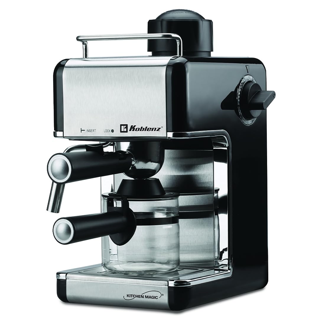 Koblenz Cafetera Espresso y Cappuccino, 4 Tazas, 3.5 Bares de Presión, Potencia de 800 W, Sistema de Espuma para Café Cappuccino, Color Negro con Acero Inoxidable, CKM-650 EIN, 00-0603-00-1