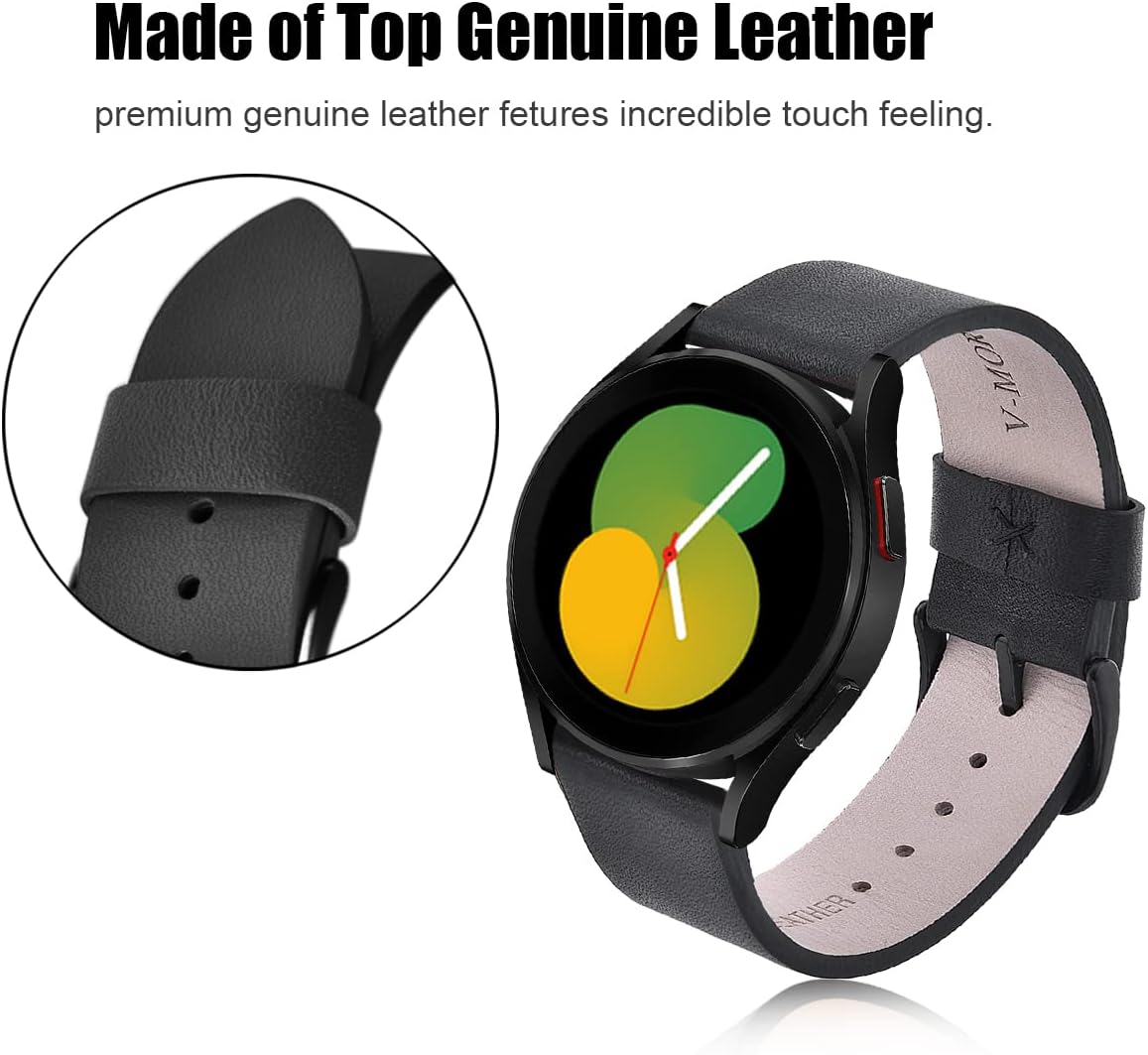 V-MORO Leather Strap Compatible with Galaxy Watch 5 Band 40mm 44mm with Black Stainless Steel Buckle 20mm Watch Band for Samsung Galaxy Watch 4 40mm 44mm/Watch 5 Pro/Watch 4 Classic Women