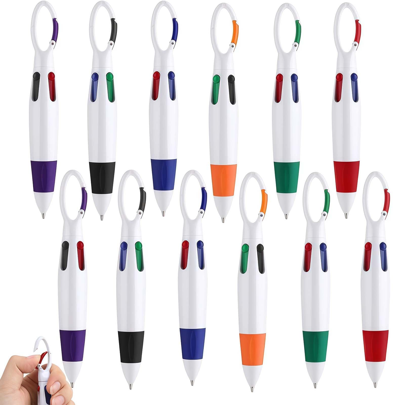 12 Pcs Multi Colour Pen, 4 Colour Pen Retractable Pens with Carabiner Clip, Portable 4-in-1 Ballpoint Pens with Keychain on Top, for Back to School Supplies and School Supplies
