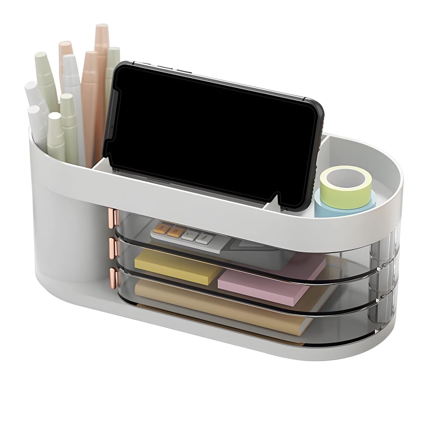 Amazon Brand – Eono Desk Table Organizer with Sliding Rotating Transparent Drawer Desktop Office Stationery Multi Purpose Space Saving Storage Box for Accessories Mobile Pen Stand Holder (White)