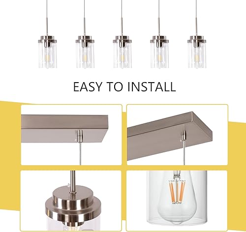 Miniatura 3 de Syveyilla 5 luces de isla para cocina, modernos candelabros lineales industriales de níquel cepillado con pantalla de vidrio transparente para