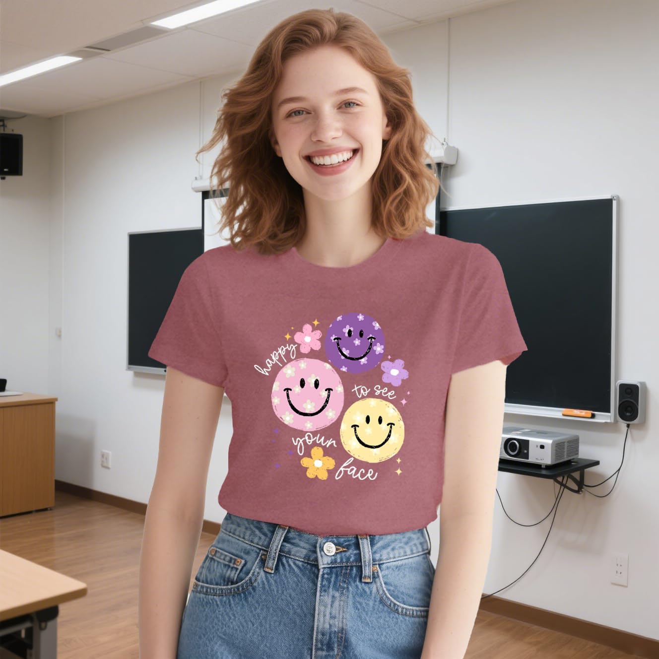 Womens Teacher Shirts Smile Faces T-Shirt for Teacher Happy to See Your Face Tee Tops - Image 2