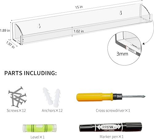 Miniatura 3 de 15 Inch Acrylic Nail Polish Rack for Wall Set of 6, Wall Mounted Nail Polish Display Rack with End Caps, Nail Oranizer and Storage for Nail Tech,