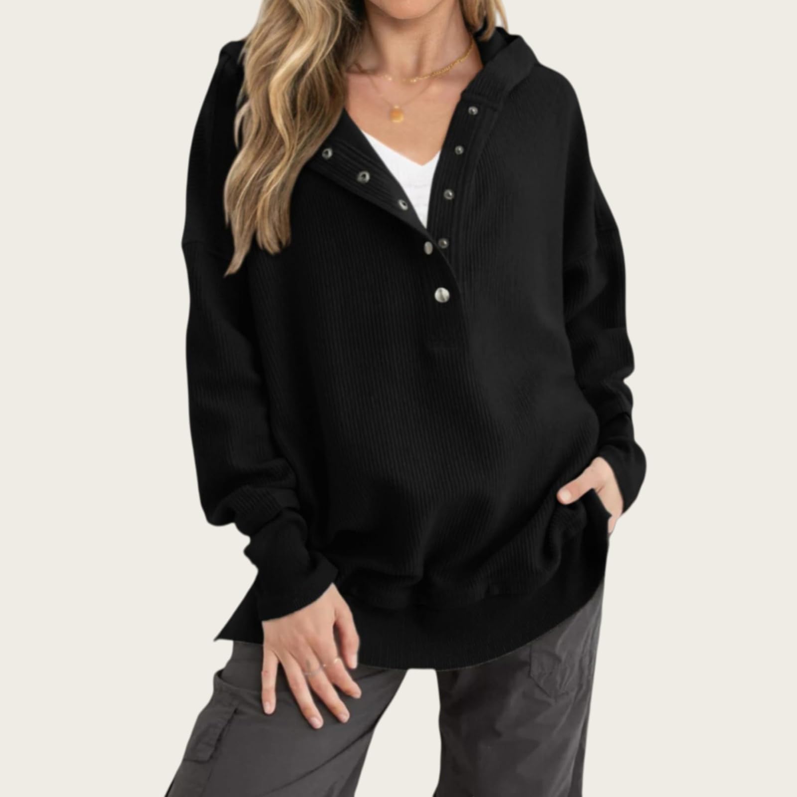 Damska bluza z kapturem oversize, dekolt w serek, rozcięcia boczne, luźny sweter, top na jesień-zimę