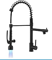 Vista 12 de Fapully - Grifo de fregadero de cocina comercial con mango único extraíble con rociador, níquel cepillado, con luz LED