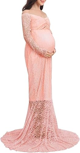 ZIUMUDY Vestido de maternidad de encaje de manga larga con hombros descubiertos para mujer, vestido maxi de fotografía de sirena