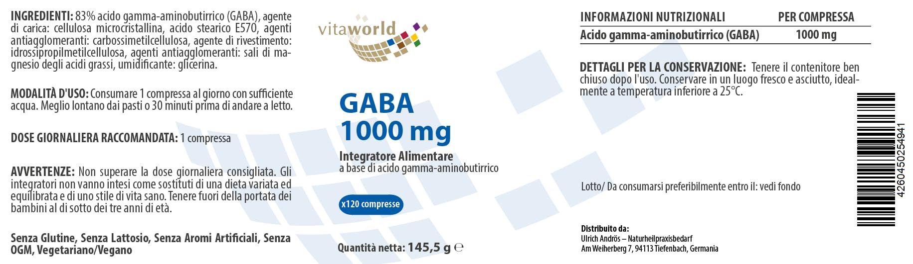 Vita World GABA 1000 mg 120 compresse ad alto dosaggio di aminoacidi corporei vegani Made in Germany