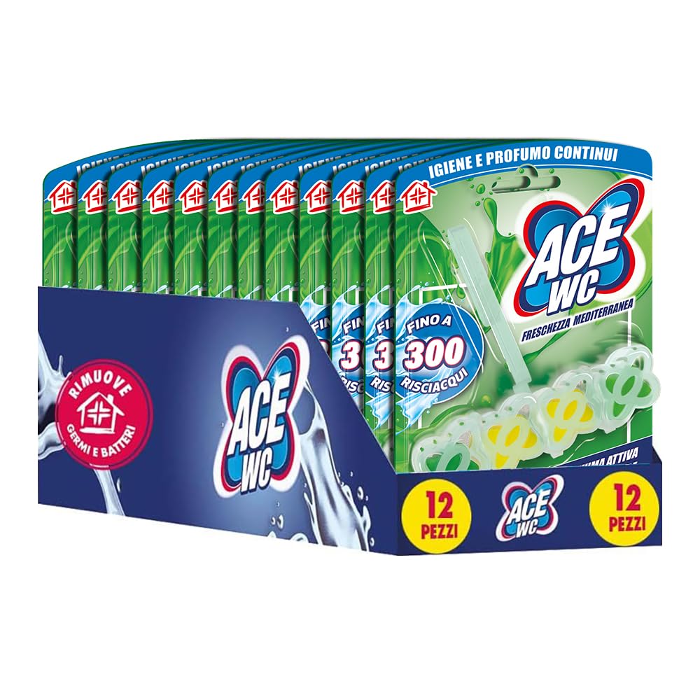 ACE Tavoletta WC Freschezza Mediterranea Anticalcare – Detergente WC con Schiuma Attiva, Profumo Agrumato, Igiene e Pulizia Continua del WC fino a 300 Risciacqui, Confezione da 12 pezzi
