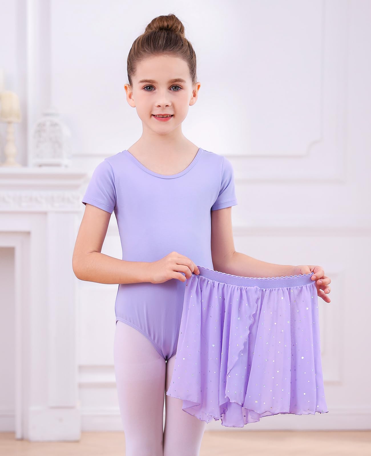 Robe de Ballet Justaucorps Danse Fille Manches Courtes Justaucorps Gymnastique Fille en Coton avec Jupe Tutu en Mousseline De Soie 3-11 Ans