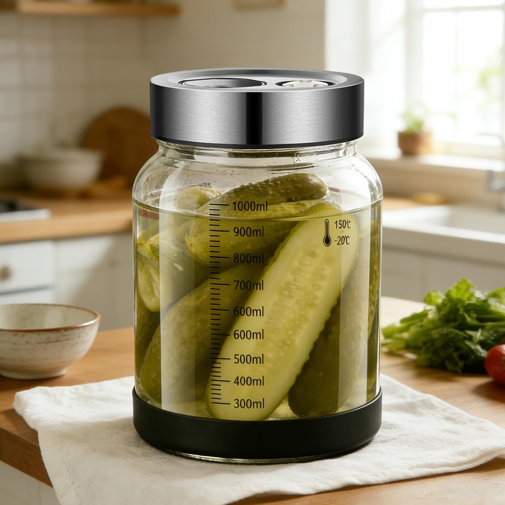 Bicchiere da fermentazione da 1 l, kimchi con coperchio, barattolo da fermentazione con valvola di fermentazione, vetro per fermentazione per crauti, kimchi, contenitore, avviatore di lievito