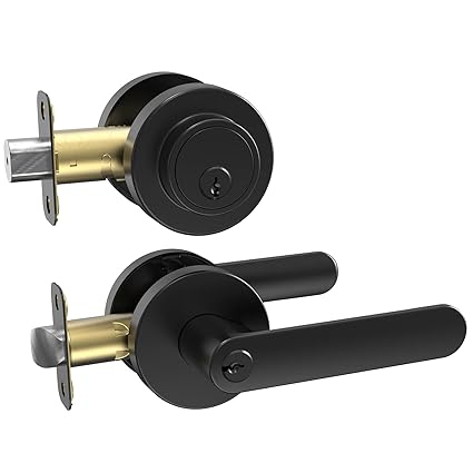 BAOLONG Entry Door Knob and Single Cylinder Deadbolt Lock Comboset,Black Round Locking Lever Handle Set Reversible for Right or Left Door