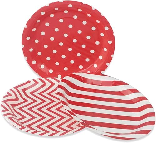 Miniatura 3 de Platos de papel de fiesta rojos 36 unidades, platos redondos biodegradables de 9 pulgadas, diseño de lunares, rayas, cheurón para pasteles, postres,