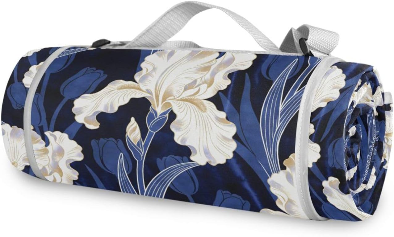 Round Picnic Blankets - Fits 2 Adults, Summer Accessories Waterproof Beach Picnic Blanket for Beach Mat or Family Outdoor Camping Party 58 in (Elegantwhite Lris Bklue Leaves Print)