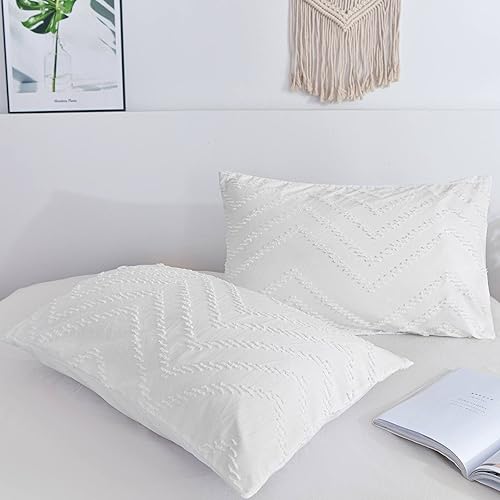 Nanko Juego de 2 fundas de almohadafundas de almohada tamaño Queen, color blanco, jacquard bohemio, suaves y elegantes fundas de almohada de