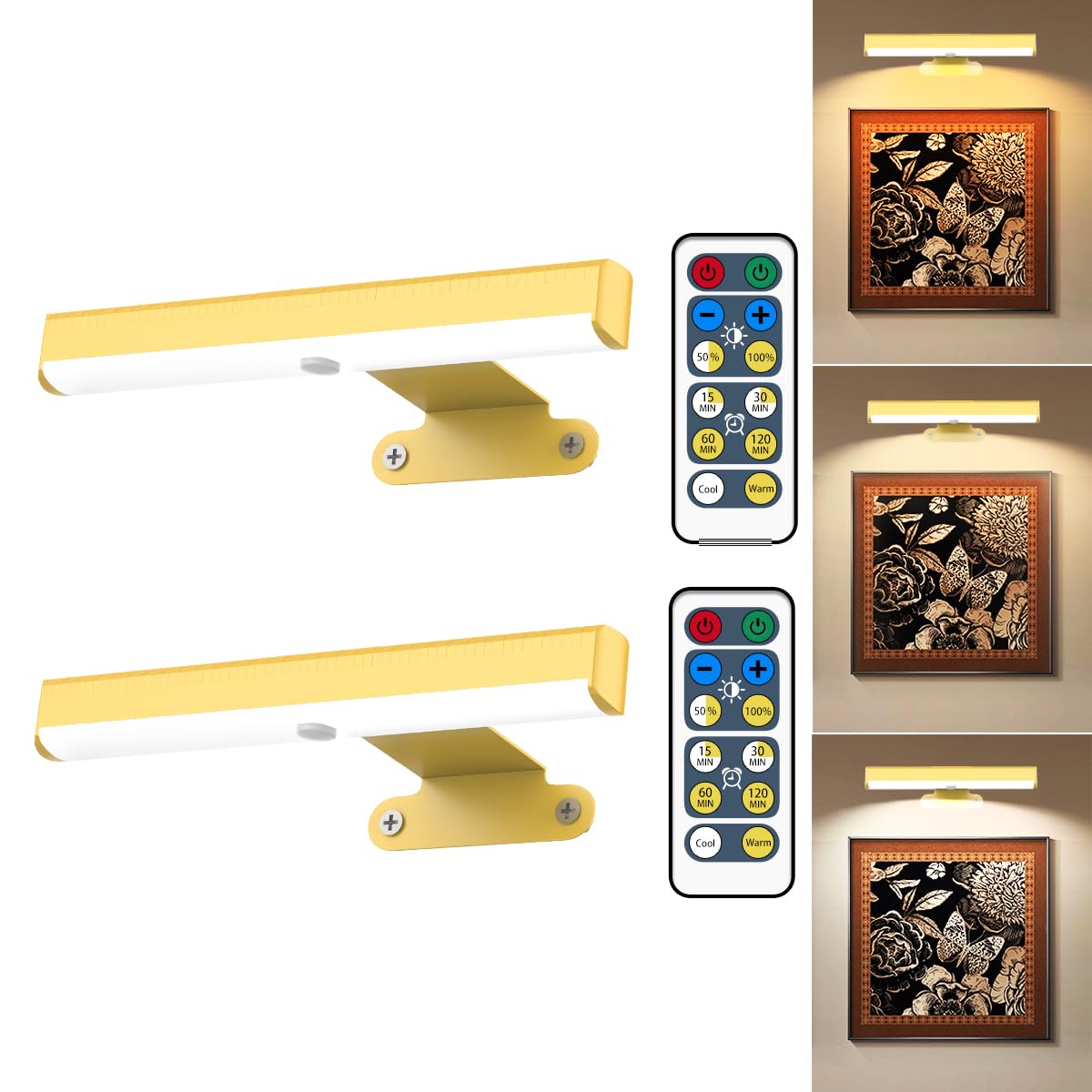 2Pack Wireless Picture Light with Remote,Battery Operated Wall Sconces for Wall Decor,3 Color Timer&Dimmable Paintings Light LED Art Display Lamp Picture Frame Light for Artwork Posters Gallery-Gold