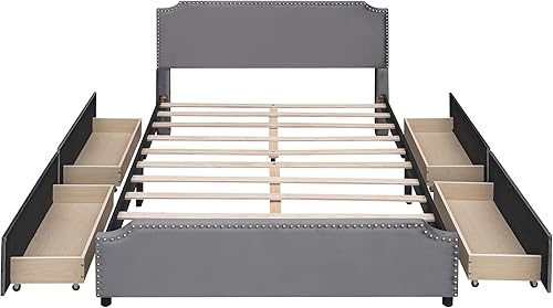 Miniatura 4 de Aiuyesuo Cama moderna tapizada de tamaño Queen con 4 cajones de almacenamiento base de colchón de tela de terciopelo con cabecera y estribo espacio