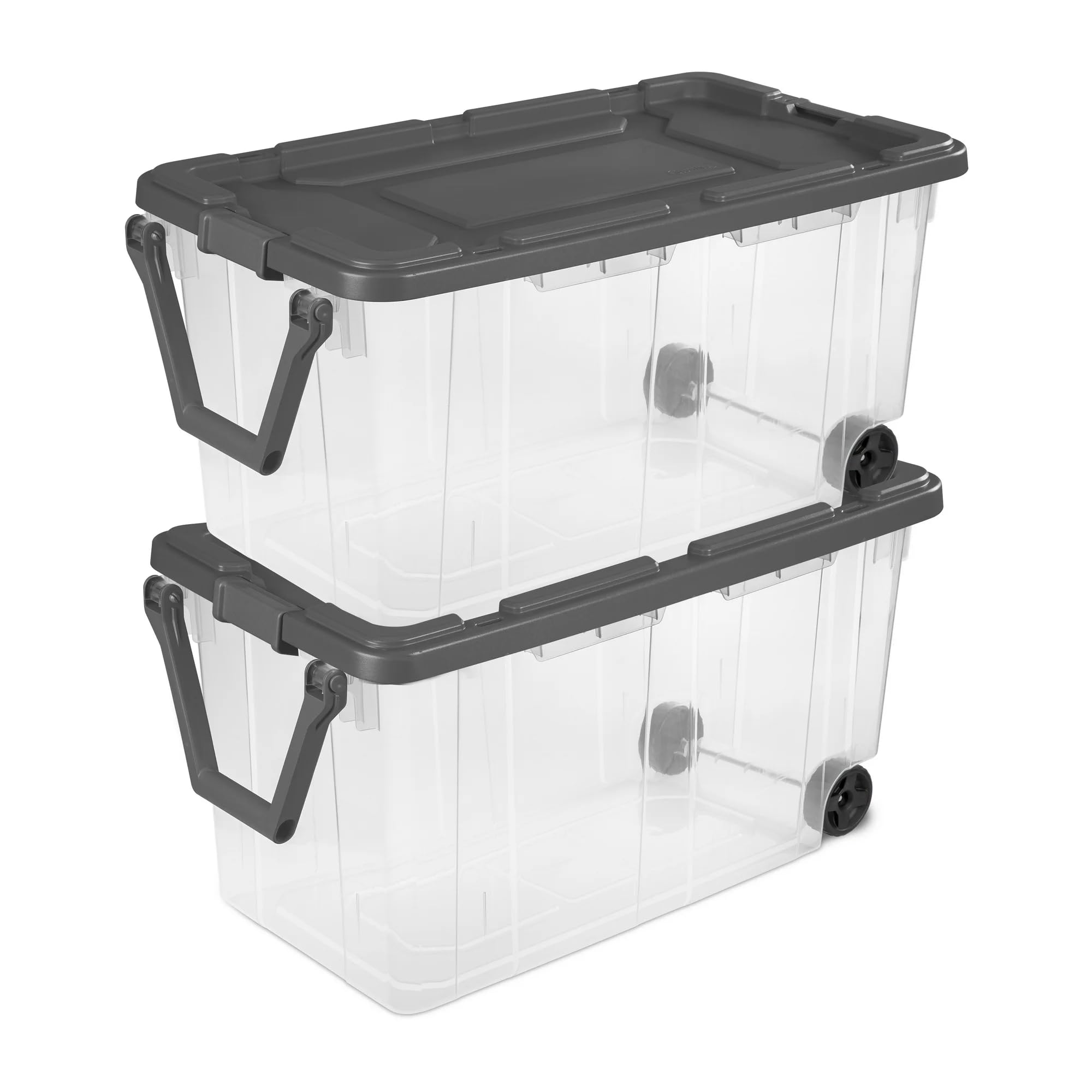 Photo 1 of 160 Quart Wheeled Storage Bin with Latch Lid, 2-Pack, Extra Large Clear Stackable Tote with Pull Handle, Gray