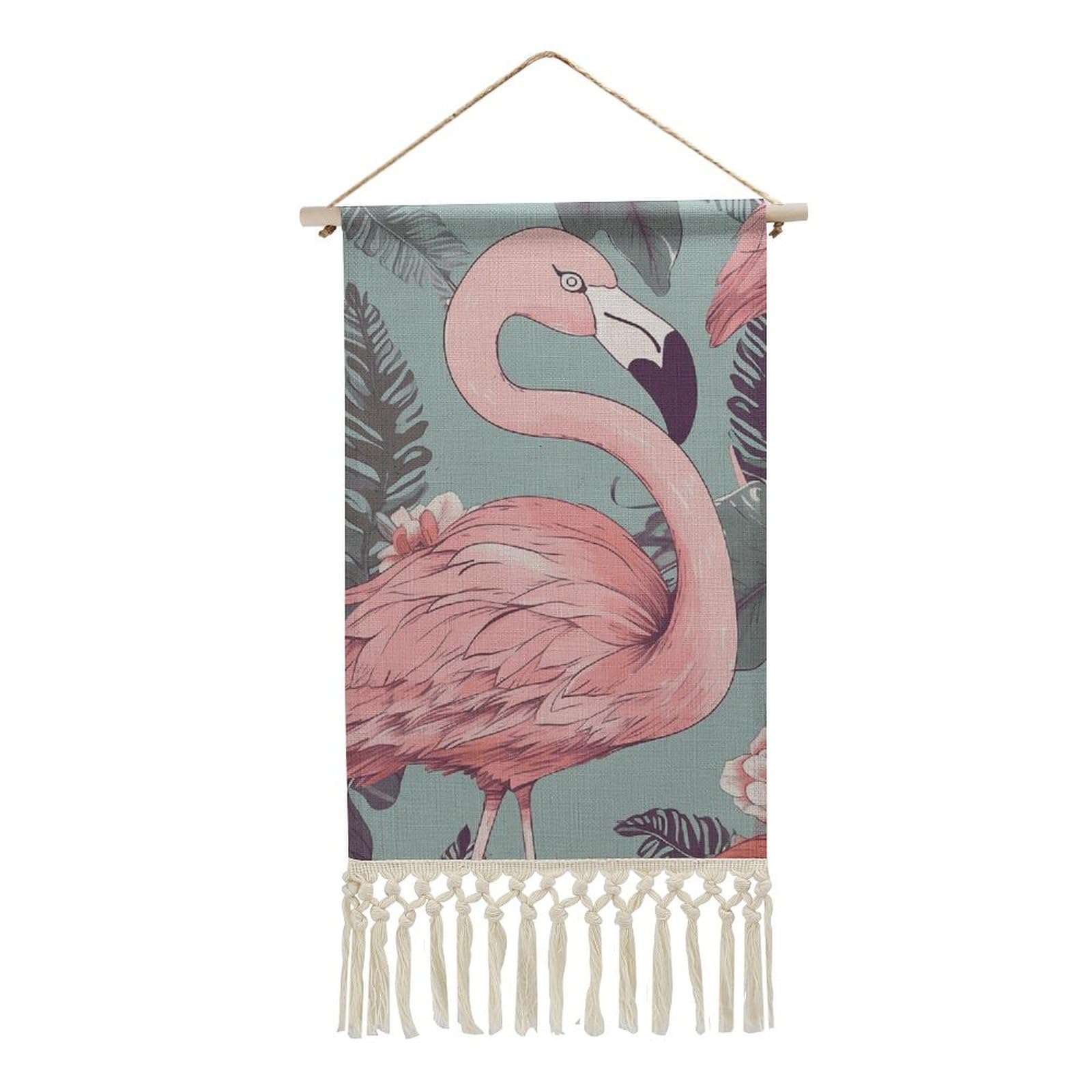 BTCOWZRV Cotton And Linen Hanging Poster with Tassels, Flamingo Wall Hanging Tapestry Vintage Wall Art Painting Modern Artwork Decoration for Home Decor Ready to Hang 10x19.6 in