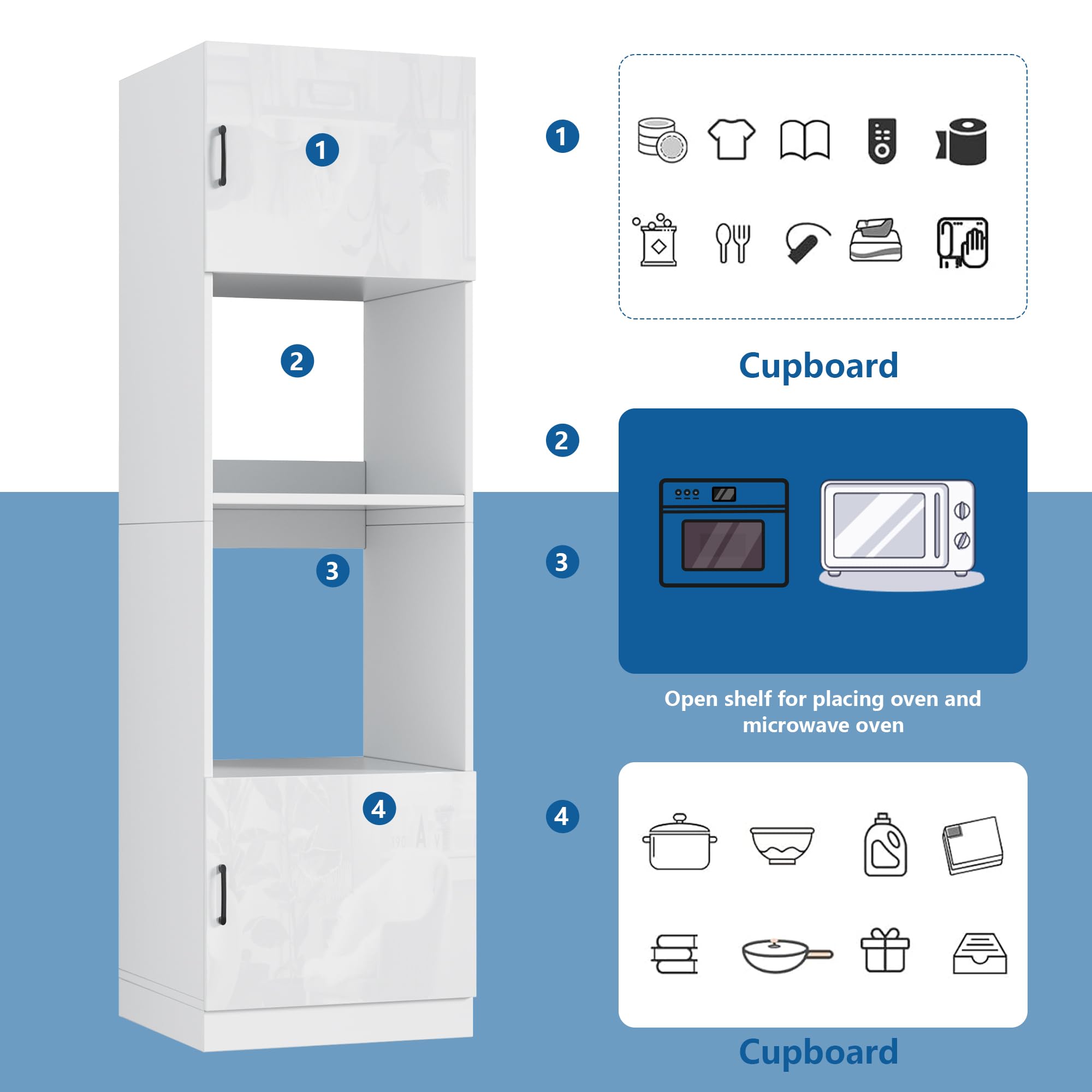 MSFE Colonne four et Micro Onde Encastrable,Armoire Micro-ondes 60x57.2x207cm,Armoire de Cuisine avec Étagère,Meuble de Rangement Salle à Manger Maison Intérieur,Blanc Très Brillant,Expédié en 2 Colis