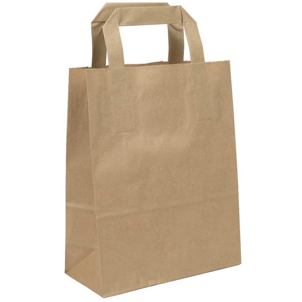 KK Verpackungen Papiertragetaschen Braun 32+12x40 cm | 250 Stück, Kraftpapier 80g/m² | Flachhenkel Innen geklebt | Papiertüten für Laden & Boutique | Papiertaschen selbststehend