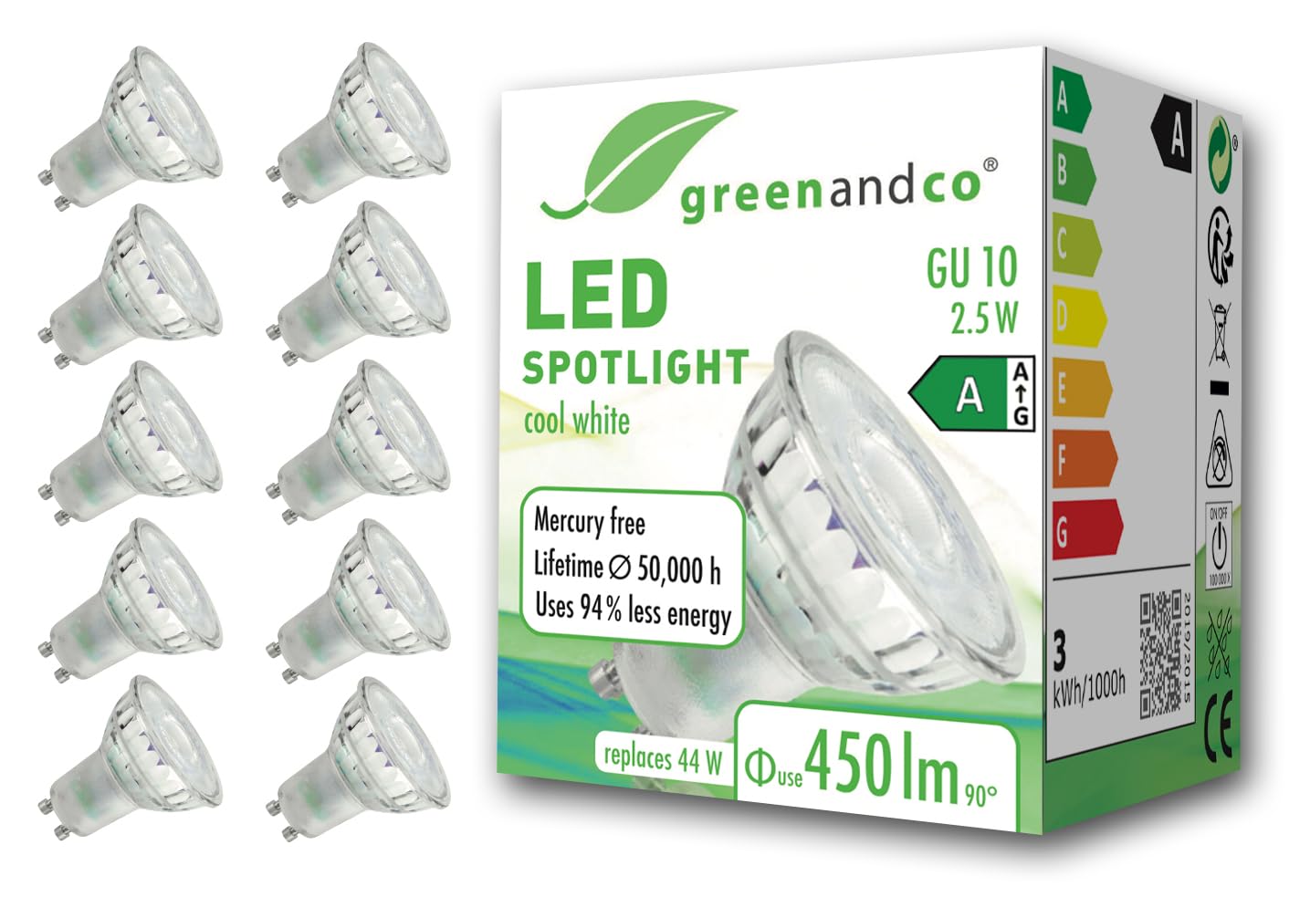 greenandco 10 x LED spotlights, GU10, 2.5 W, 450 lm, 6500 K, cold white, 36°, 230 V, flicker-free, energy efficiency class A, not dimmable