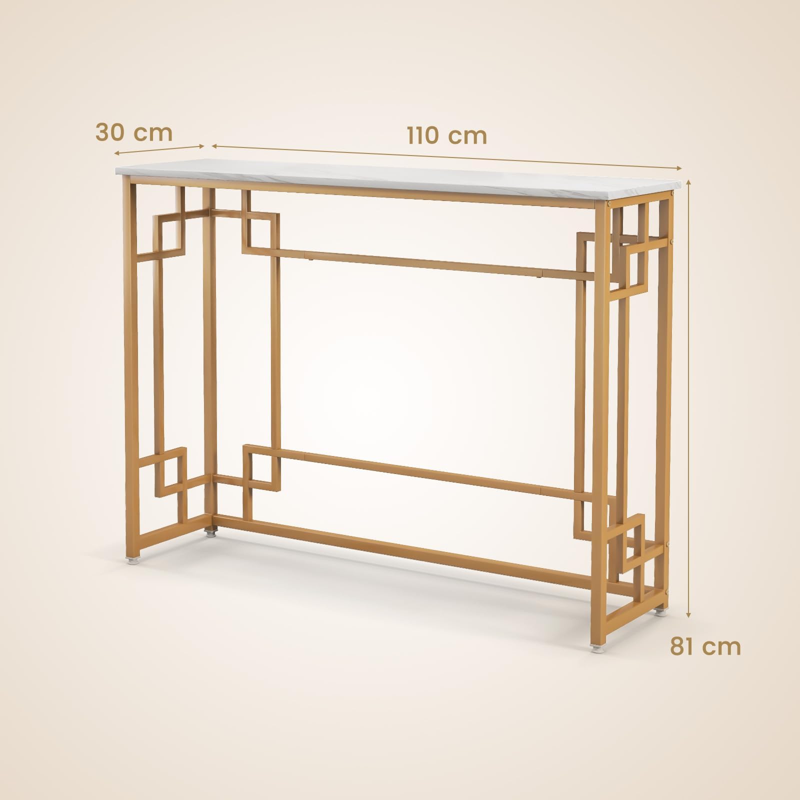 LIFEZEAL Tavolo Console Moderno, Tavolo Consolle, Effetto di Marmo, Tavolo d’Ingresso, Telaio in Metallo, Piedini Regolabili, Salvaspazio, per Corridoio, Soggiorno, Entrata, Max 30kg, 110x30x81cm, Oro