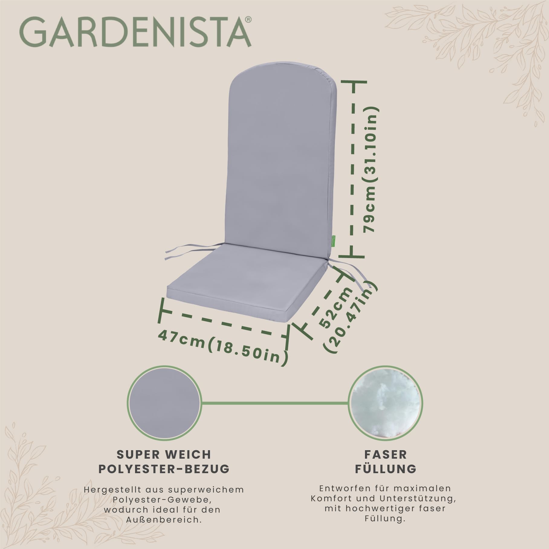 Gardenista Garten Premium Adirondack-Stuhlkissen | Hochlehner-Kissen mit sicheren Bändern | Wasserabweisend und leicht rutschfeste Patio-Stuhlkissen | Einfach abwischbare Sitzkissen (Grau)