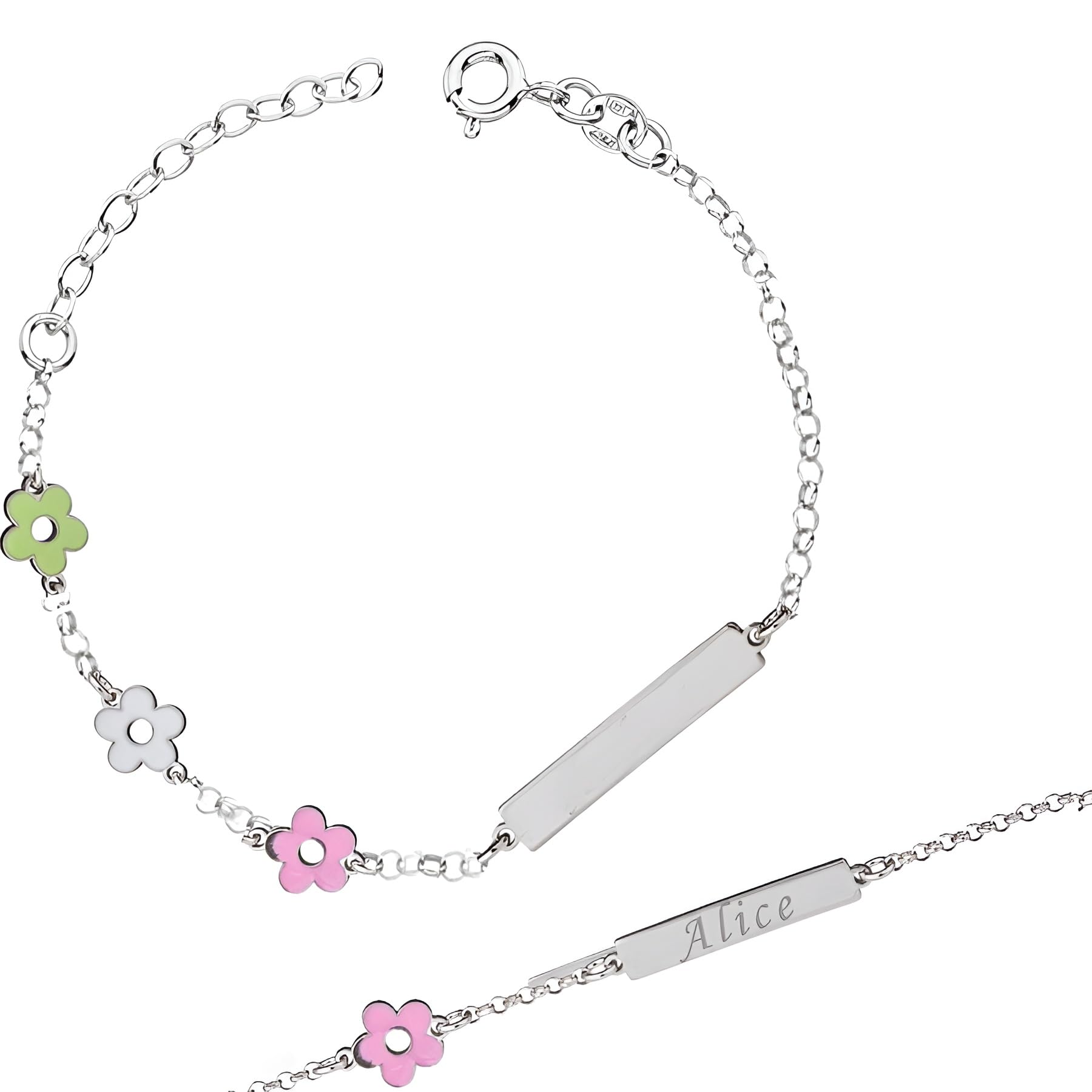 Sakrami Bracciale in Argento 925 Bimba Personalizzabile con Nome Tre Fiorellini Smaltati Colorati Kids Collection + Confezione Regalo Personalizzata - Braccialetto per Nascita Comunione o Battesimo