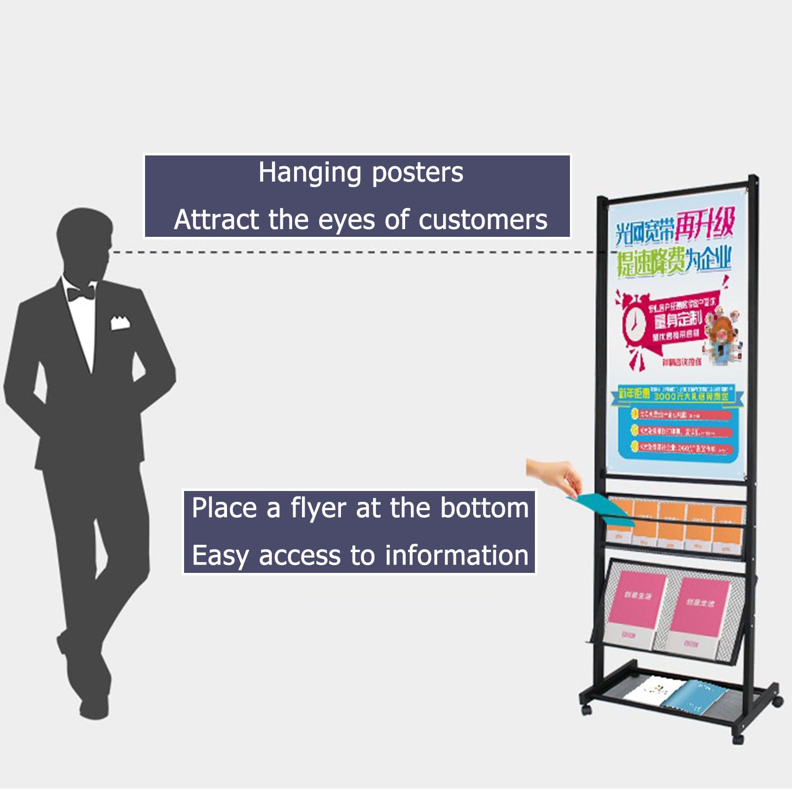 Soporte reutilizable para letreros de pie con ruedas, estante de exhibición móvil para folletos y carteles, ideal para ferias, oficinas y tiendas minoristas