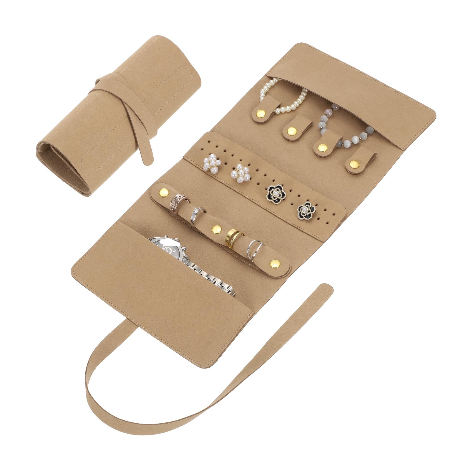 uxcell Travel Jewelry Bag Roll, Foldable Jewelry Travel Organizer with Tie Close Microfiber Jewelry Storage Roll Jewelry Case for Women Gift Necklaces Earrings Rings Bracelets, Khaki