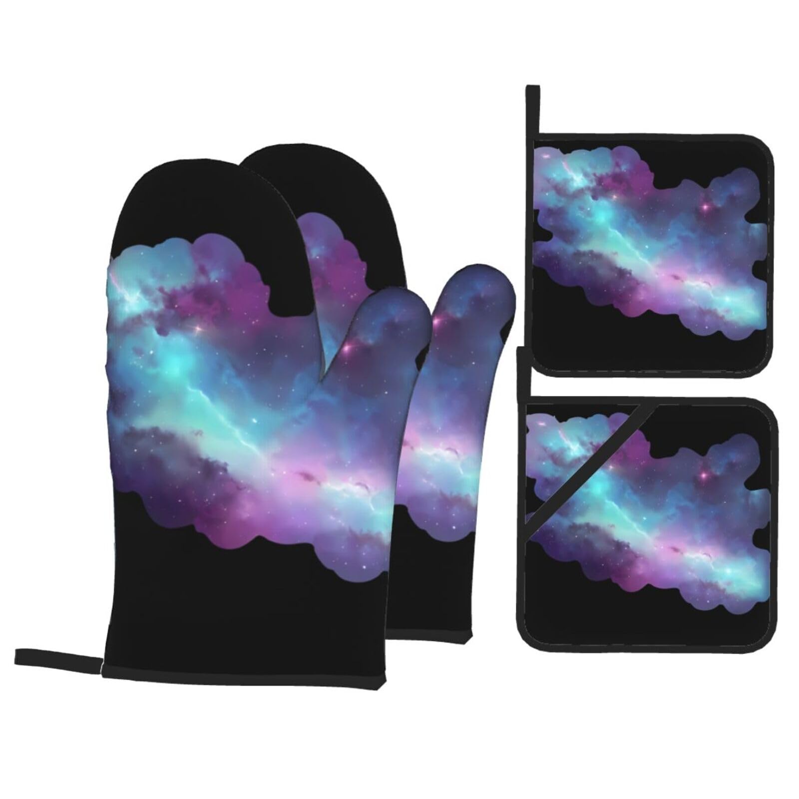 YYHWHJDE Nebula Drifting Printed Kitchen Baking Set of 4 Thick Insulated Oven Mitt & Pot Holders, Anti-Scalding for Microwave, Oven, Outdoor BBQ