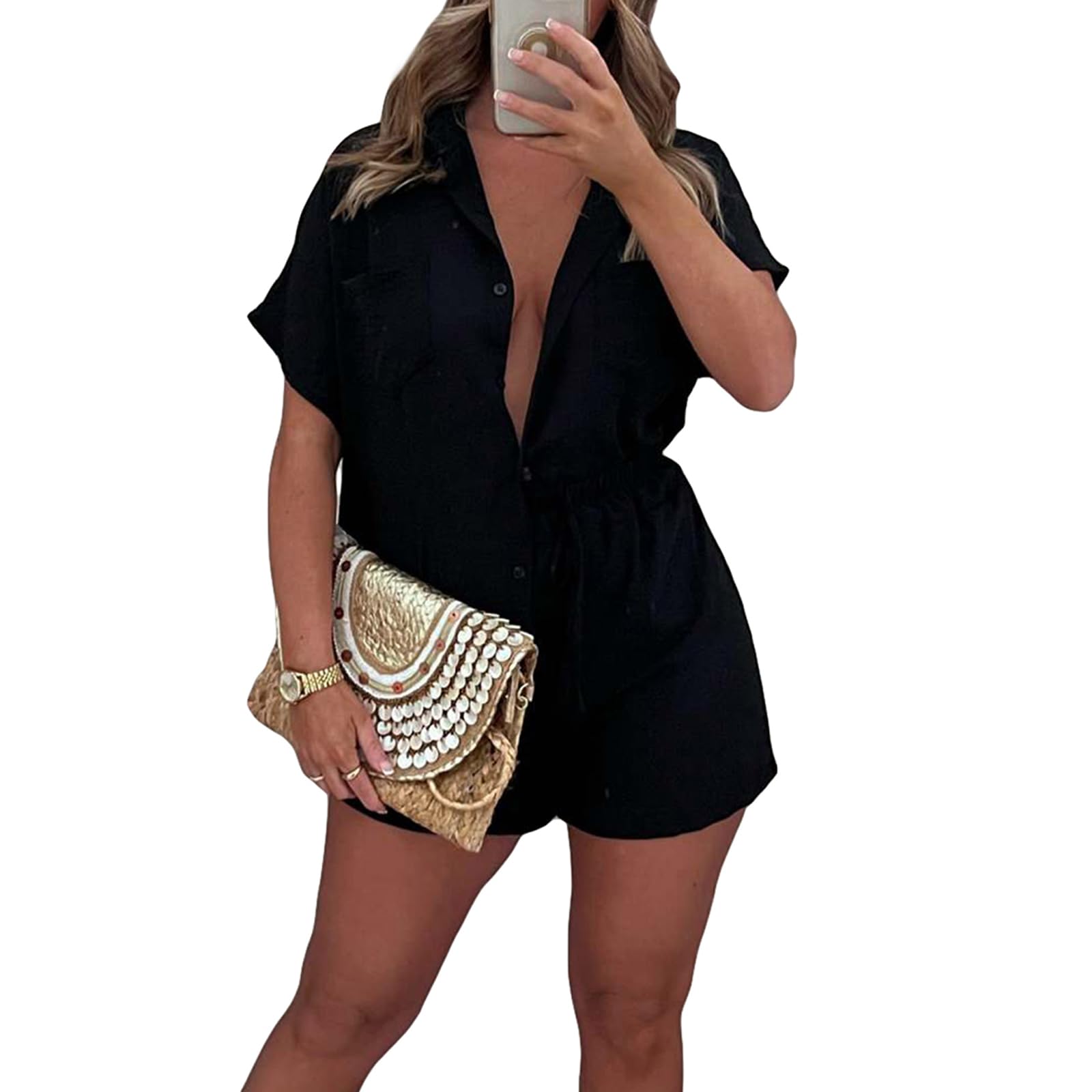 YILEEGOO Women Oversized 2 Piece Outfits Pleated Long Sleeve Button Down Shirt Tops Wide Leg Pants Sets Streetwear Loungwear (Z-A Black, L)