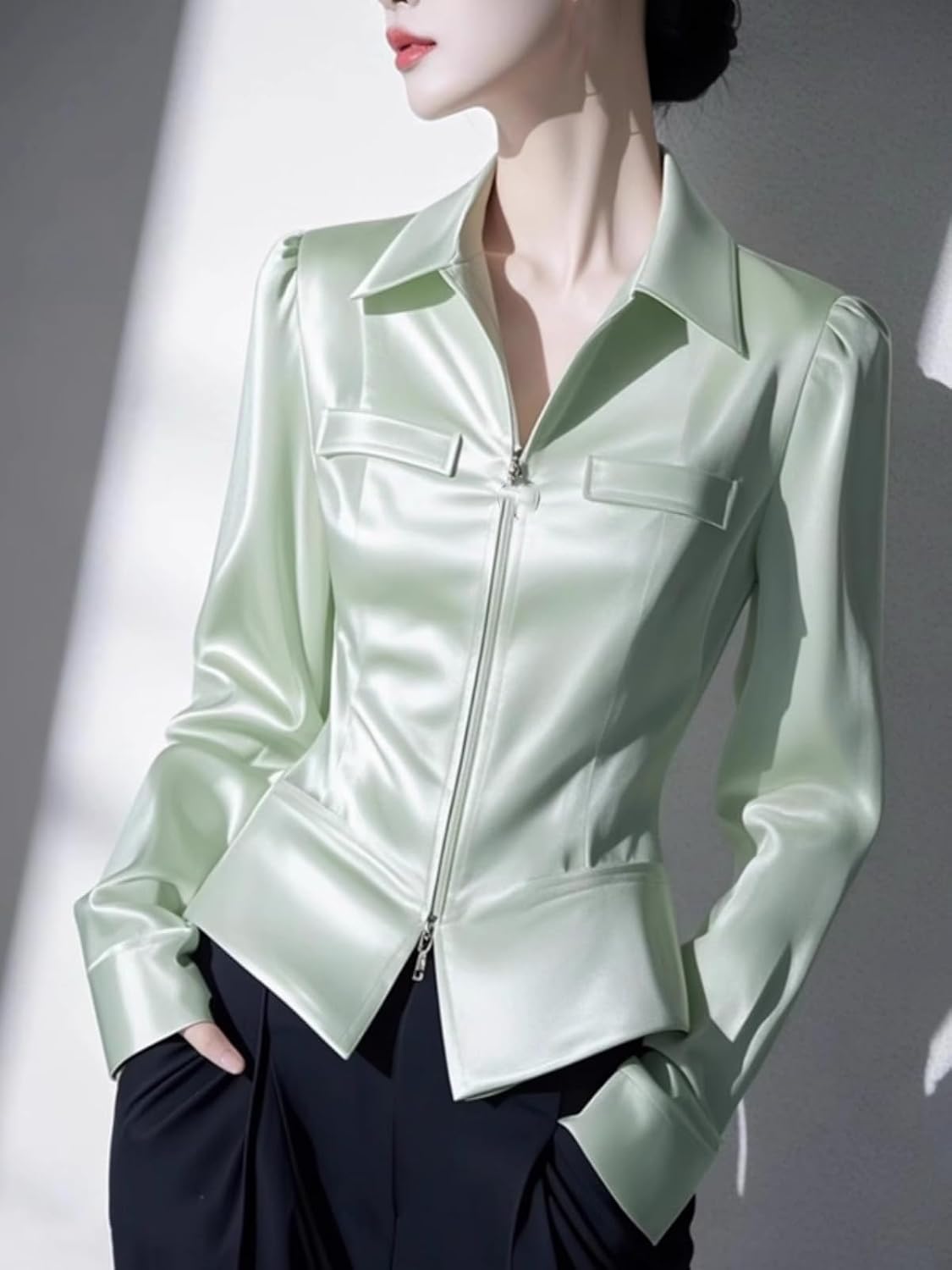 Womens Dressy Business Casual Blouse Long Sleeve Spring Outerwear Satin Shirt for Women