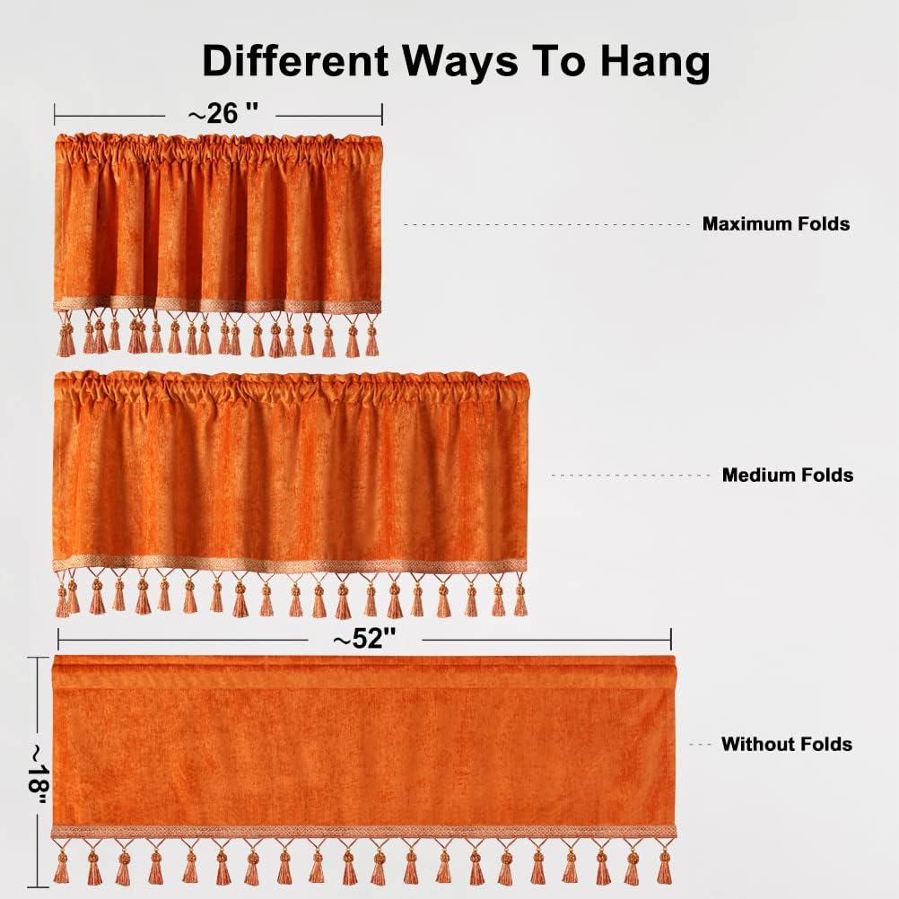 ELKCA Double-Sided Chenille Window Curtains Tier for Kitchen Orange Curtain Valance for Living Room,Rod Pocket,Pack of 1(Orange, 52" W x 18" L)