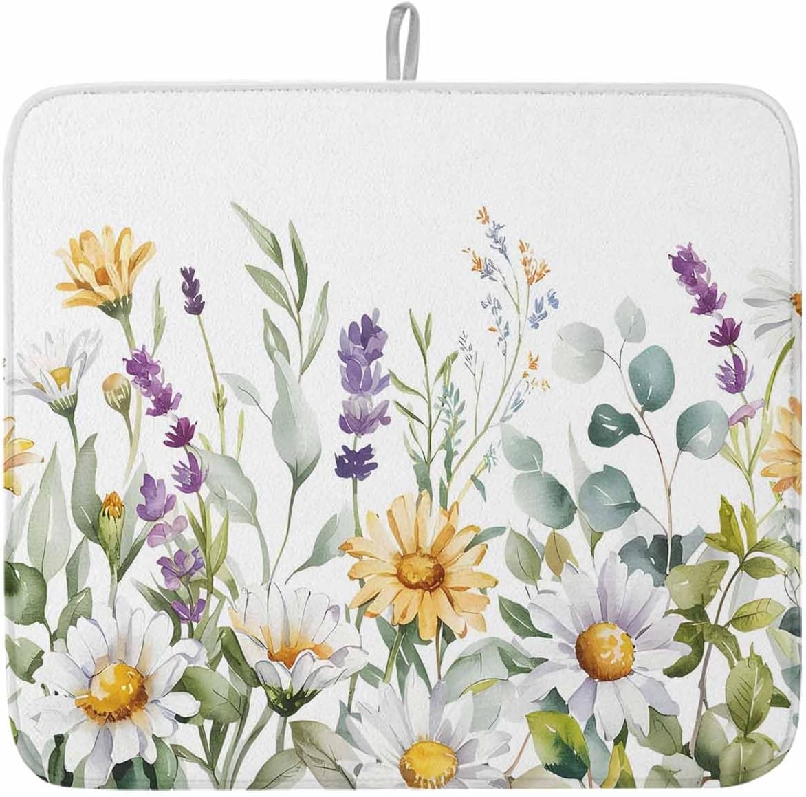 Farm Daisy Flower Leaves Dish Drying Mats for Kitchen Counter,Absorbent Microfiber Dish Drainer Rack Mat Vintage Letters Stamp Drying Pad for Sinks,Utensils,Countertops,18x24in
