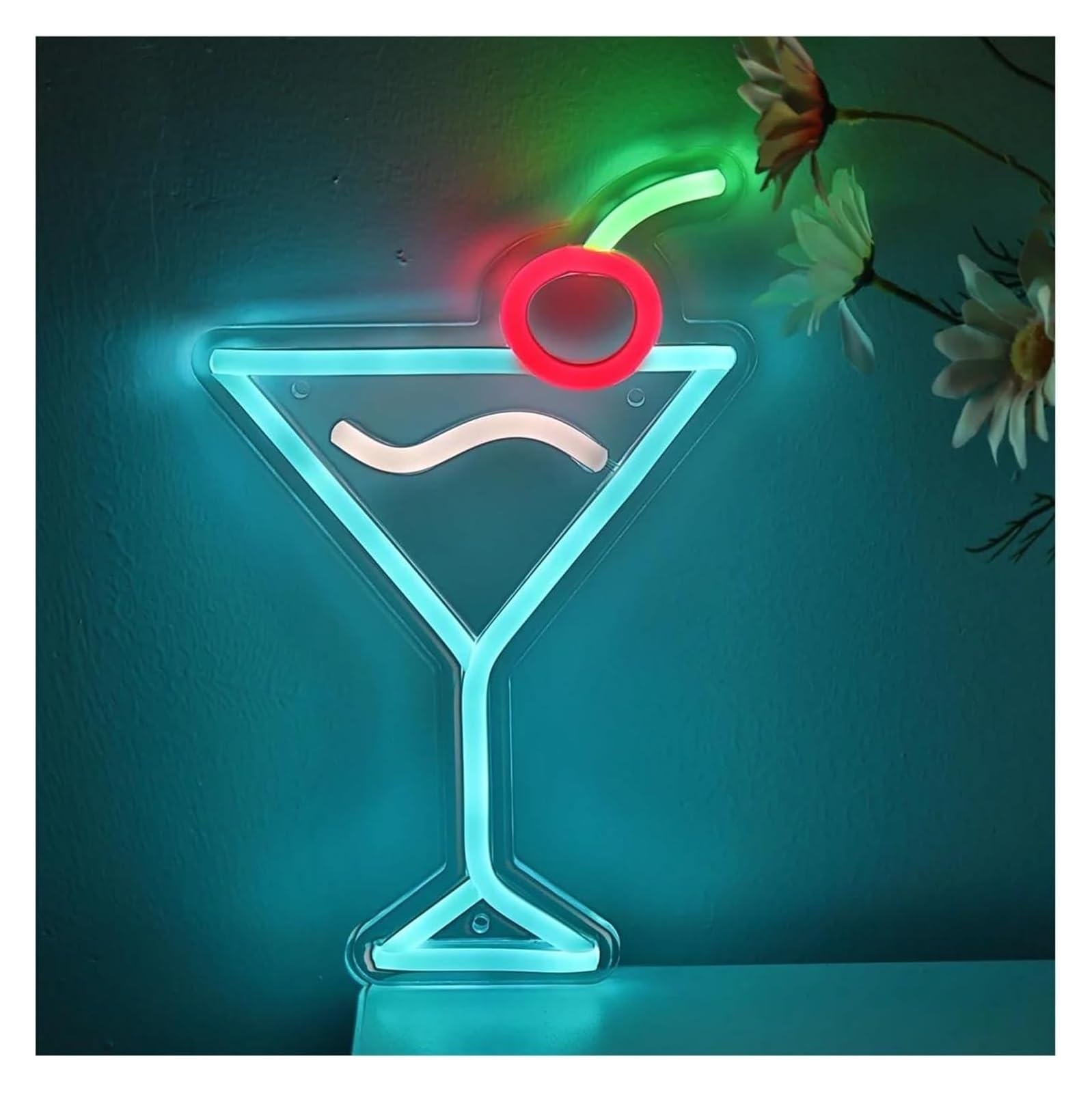 Lampe LED néon bleu glacier avec motif cocktails et cerises pour une décoration murale créative pour un pub 16,3cmx25,1
