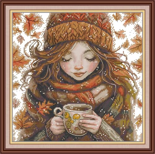 Threadhaven Cross-Stitch Kit 14CT Aida Counted Embroidery Complete Set with Fabric, Threads, Needles & Chart-Premium Beautiful Girls Design for Adults & Beginners- Winter Warm Tea 13''×13''