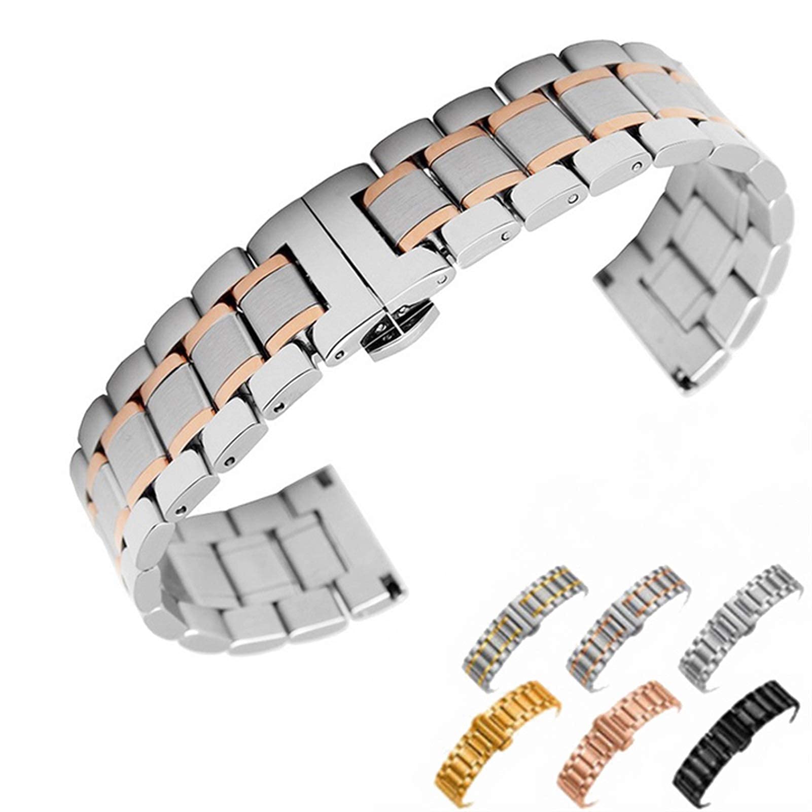QHQQXN Correa de Reloj, Correa de Acero Inoxidable 18mm 22mm 24mm Correa Pulsera Hebilla de Mariposa Oro Rosa Plata