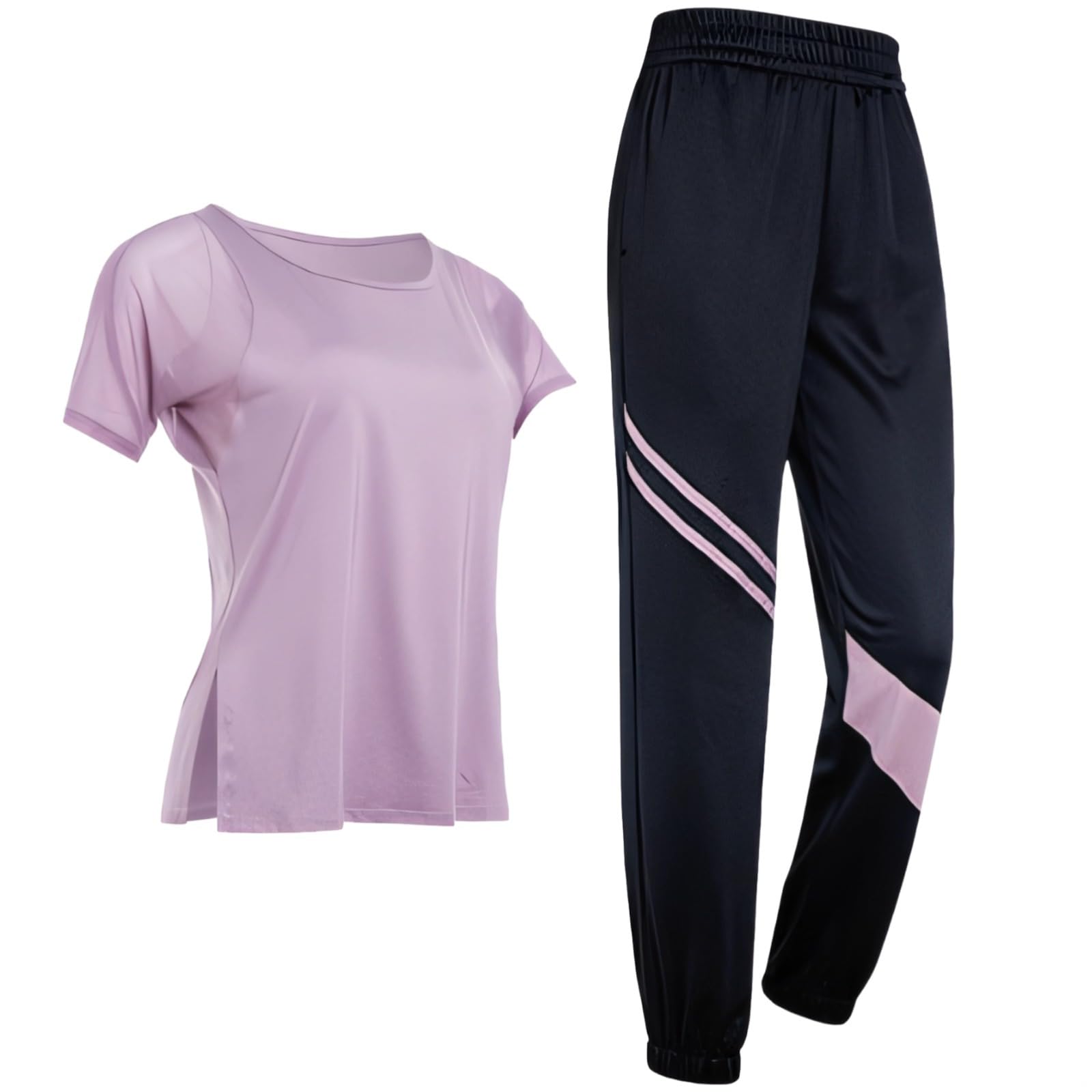 Tenue de pilates pour femme, ensemble 2 pièces XXL en noir et, pantalon extensible évacuant l'humidité et t-shirt à manches courtes avec taille élastique, Multiples, taille unique