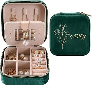 Custom Velvet Travel Jewelry Box with Mirror, Custom Travel Jewelry Case with Initial and Name, Portable Jewelry Organizer for Rings Earrings Necklaces, Travel Jewelry Case for Women Green