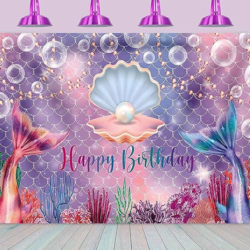 2.1x1.5m Toile de Fond sirène sous la mer Rose Violet écailles de sirène Paillettes Perle Coquillage Anniversaire Fond Photographique Fille Princesse fête...